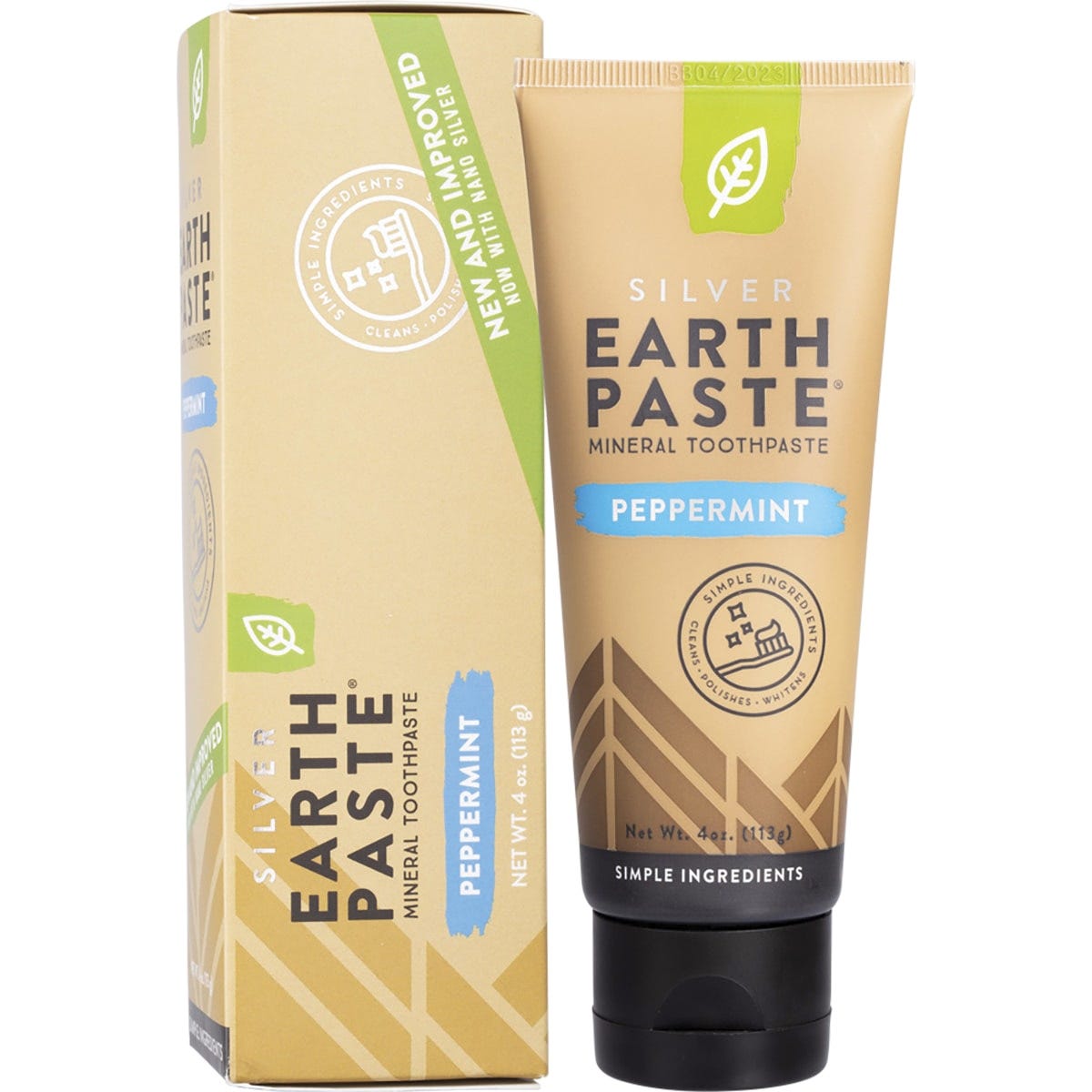 Redmond Earthpaste Silver Peppermint toothpaste tube and box with natural ingredients on a white background.
