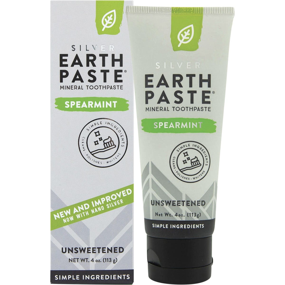 113g tube and box of Redmond Earthpaste Silver Spearmint Unsweetened toothpaste with bentonite clay and nano silver.