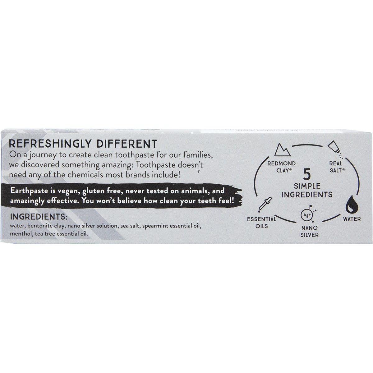 Left side of Redmond Earthpaste Silver Spearmint box highlighting natural ingredients and fluoride-free benefits.