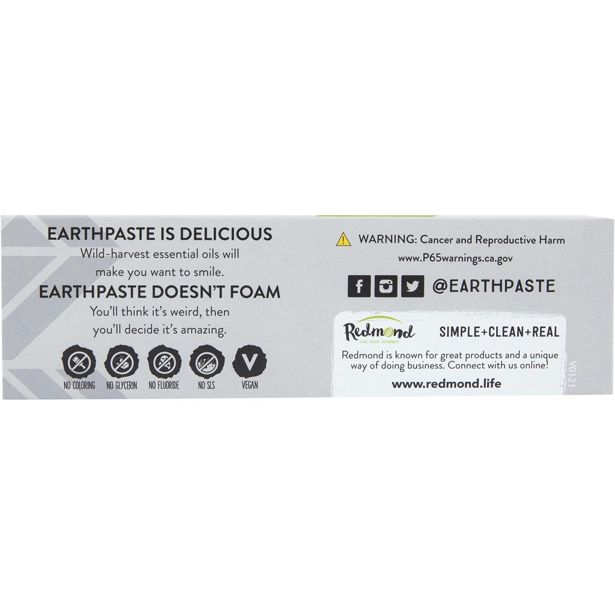 Right side of Redmond Earthpaste Silver Spearmint box with brand story and a list of natural ingredients.