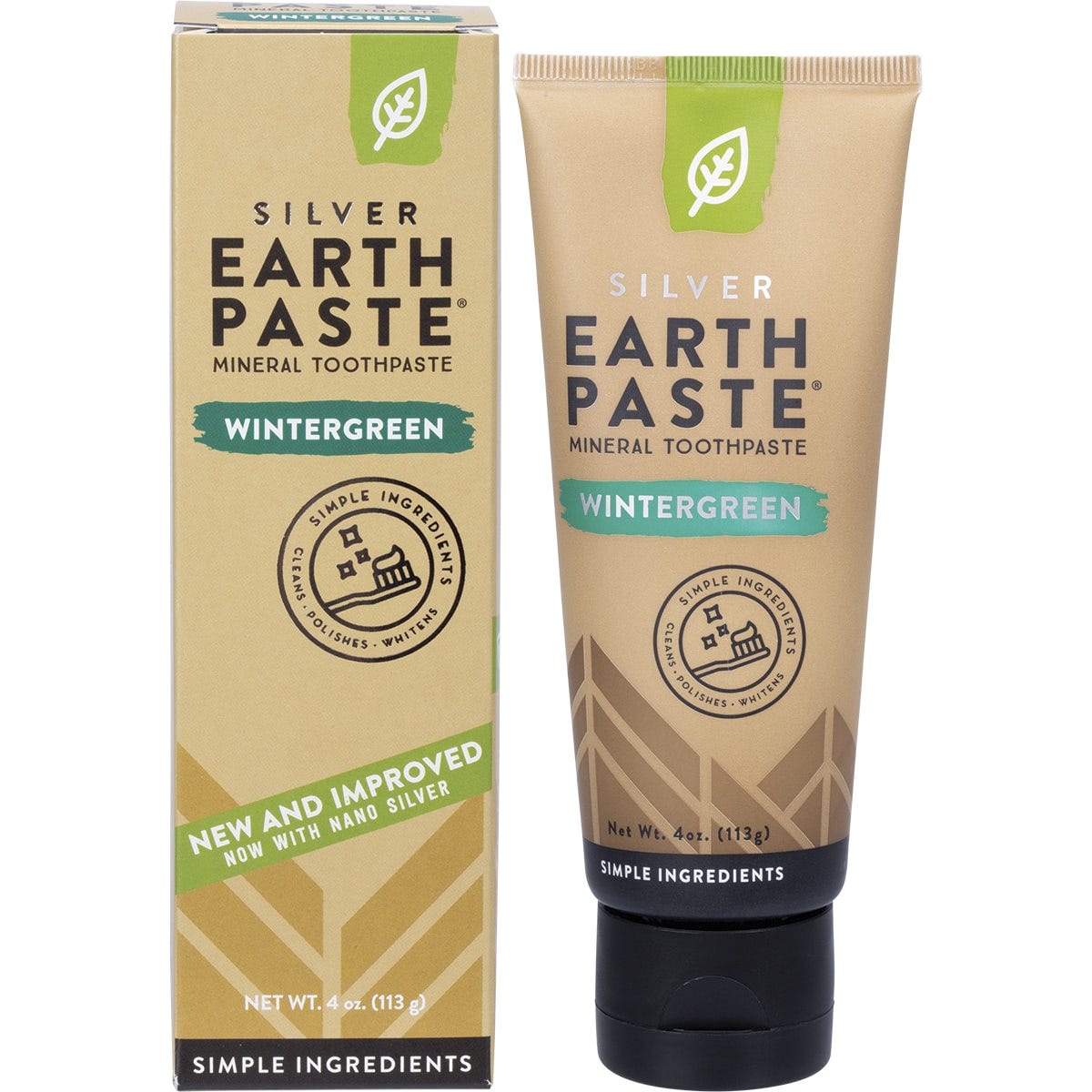 113g tube and box of Redmond Earthpaste Wintergreen toothpaste with silver on a white background.