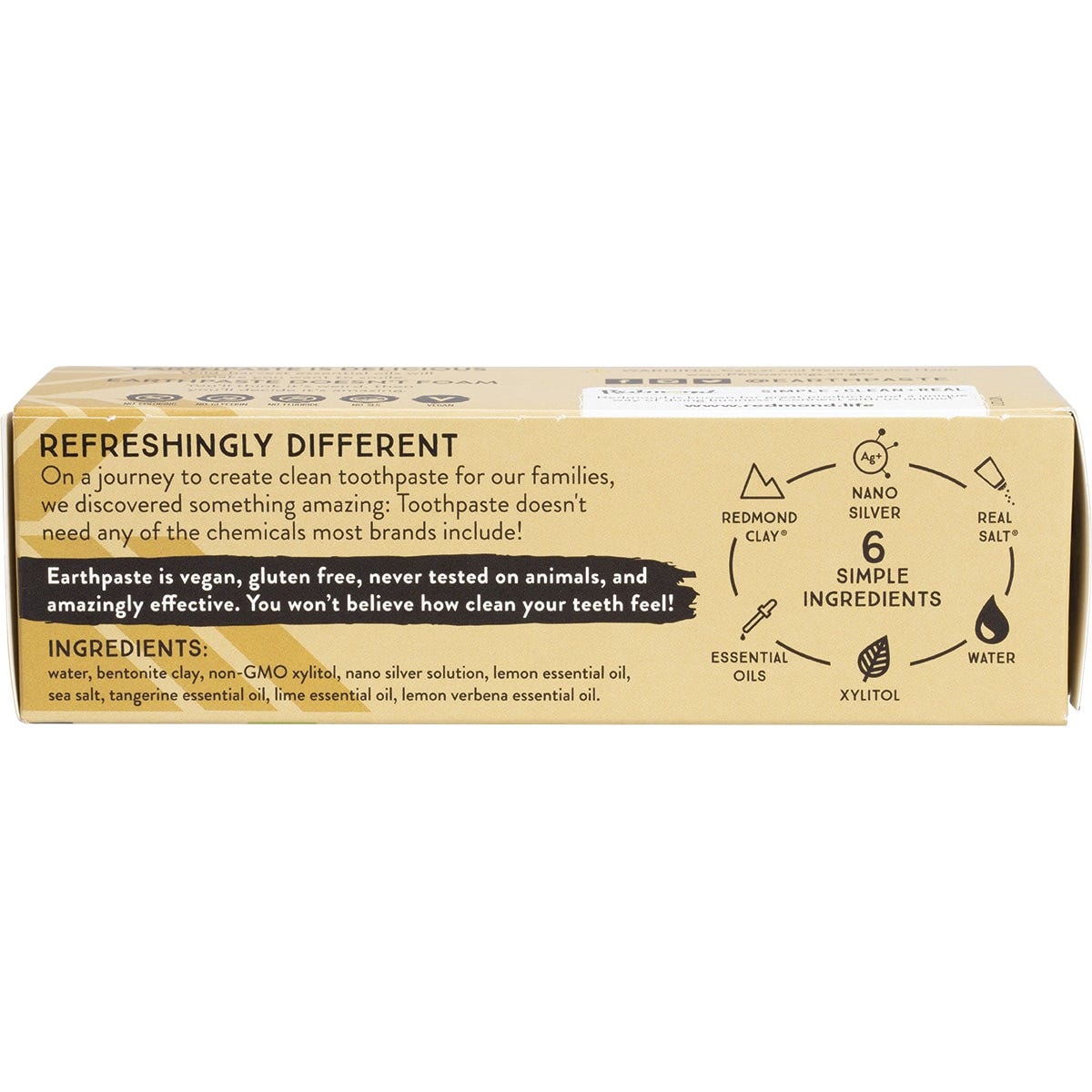 Back of Redmond Earthpaste Silver Lemon Twist box with ingredients, product benefits, and mission statement.
