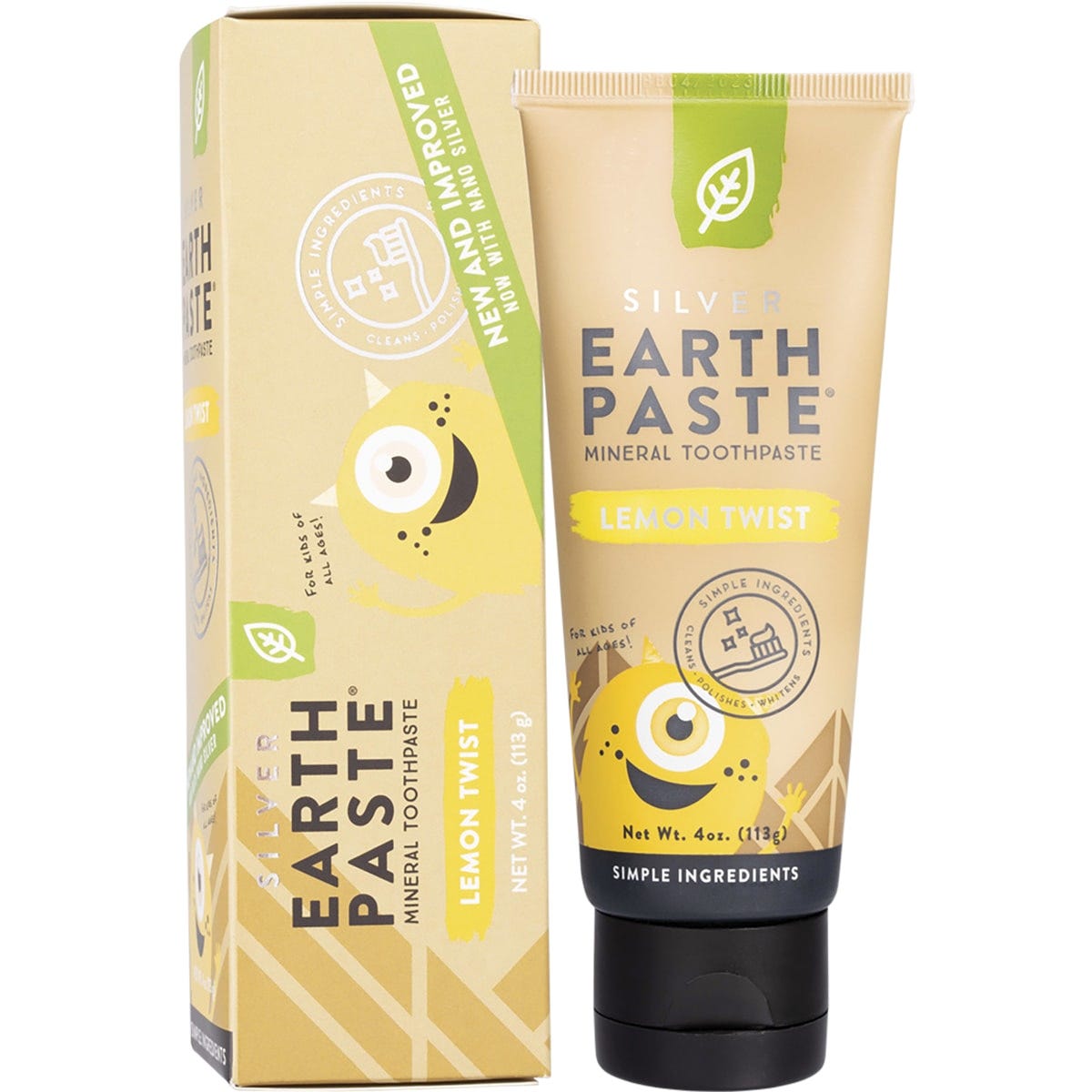 Tube and box of Redmond Earthpaste Silver Lemon Twist 113g toothpaste featuring a yellow and white design.