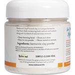 Right side view of a Redmond Clay 283g bentonite clay tub on a white background showing usage and benefits.