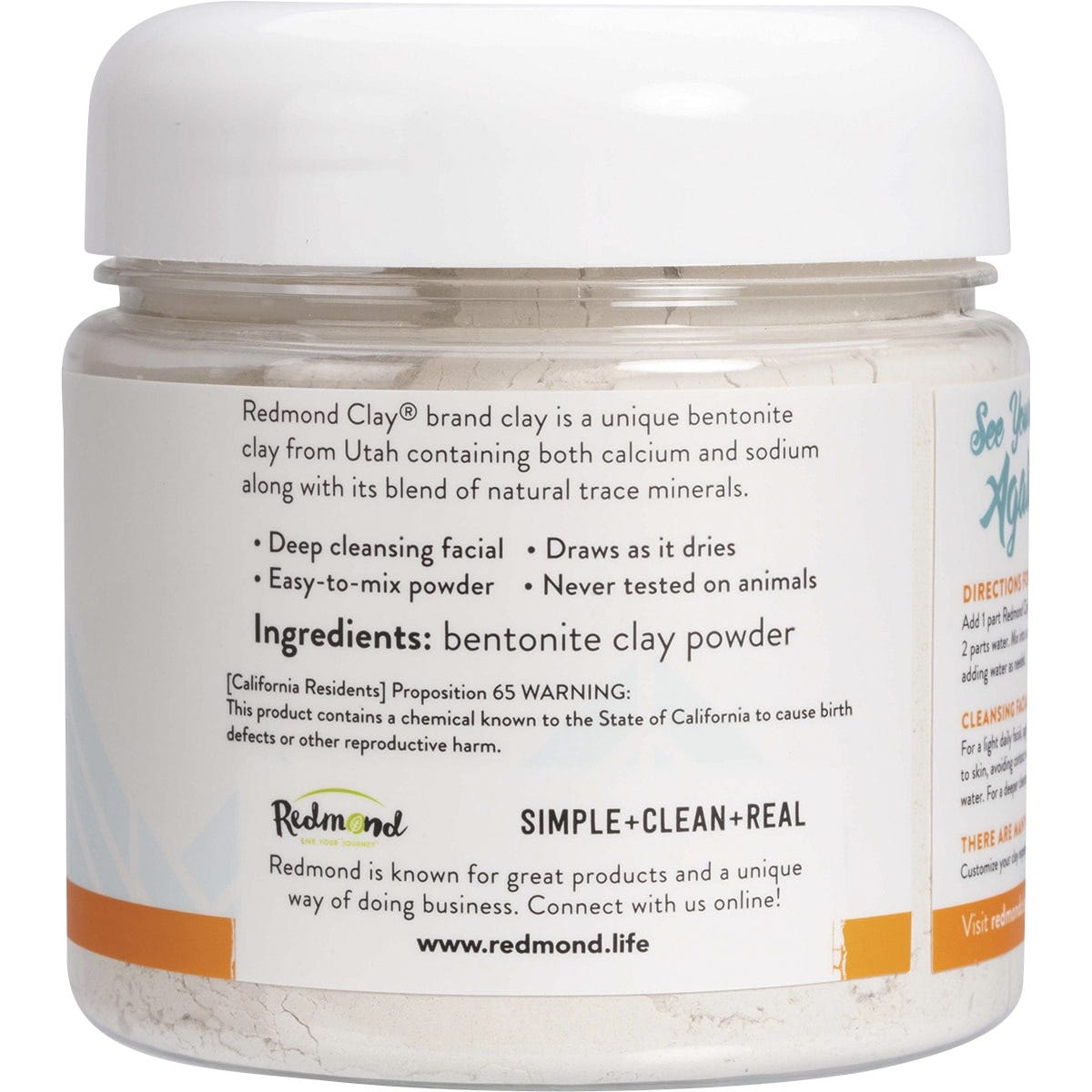 Right side view of a Redmond Clay 283g bentonite clay tub on a white background showing usage and benefits.