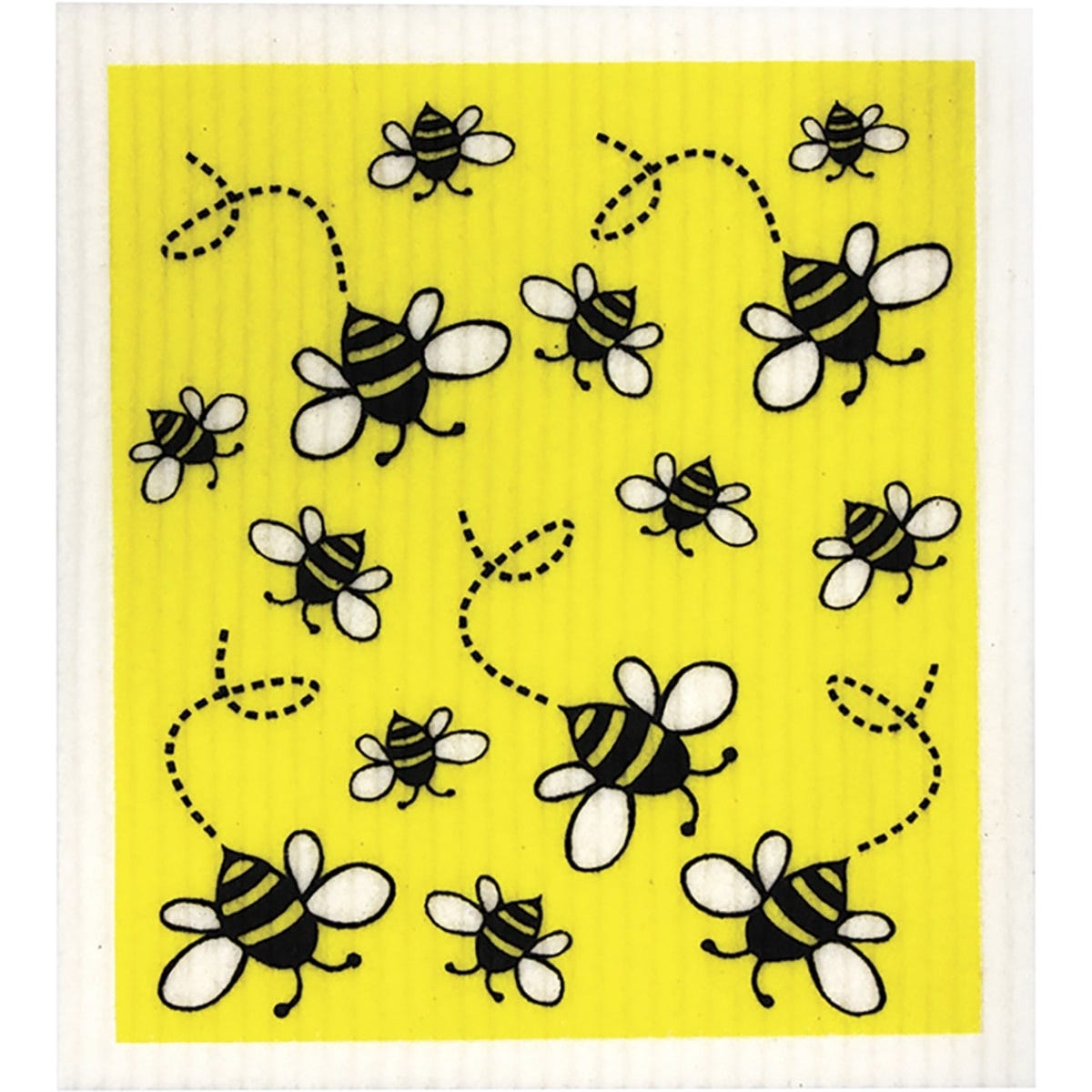 Yellow and white compostable sponge cloth featuring a repetitive black and yellow honeybee pattern.