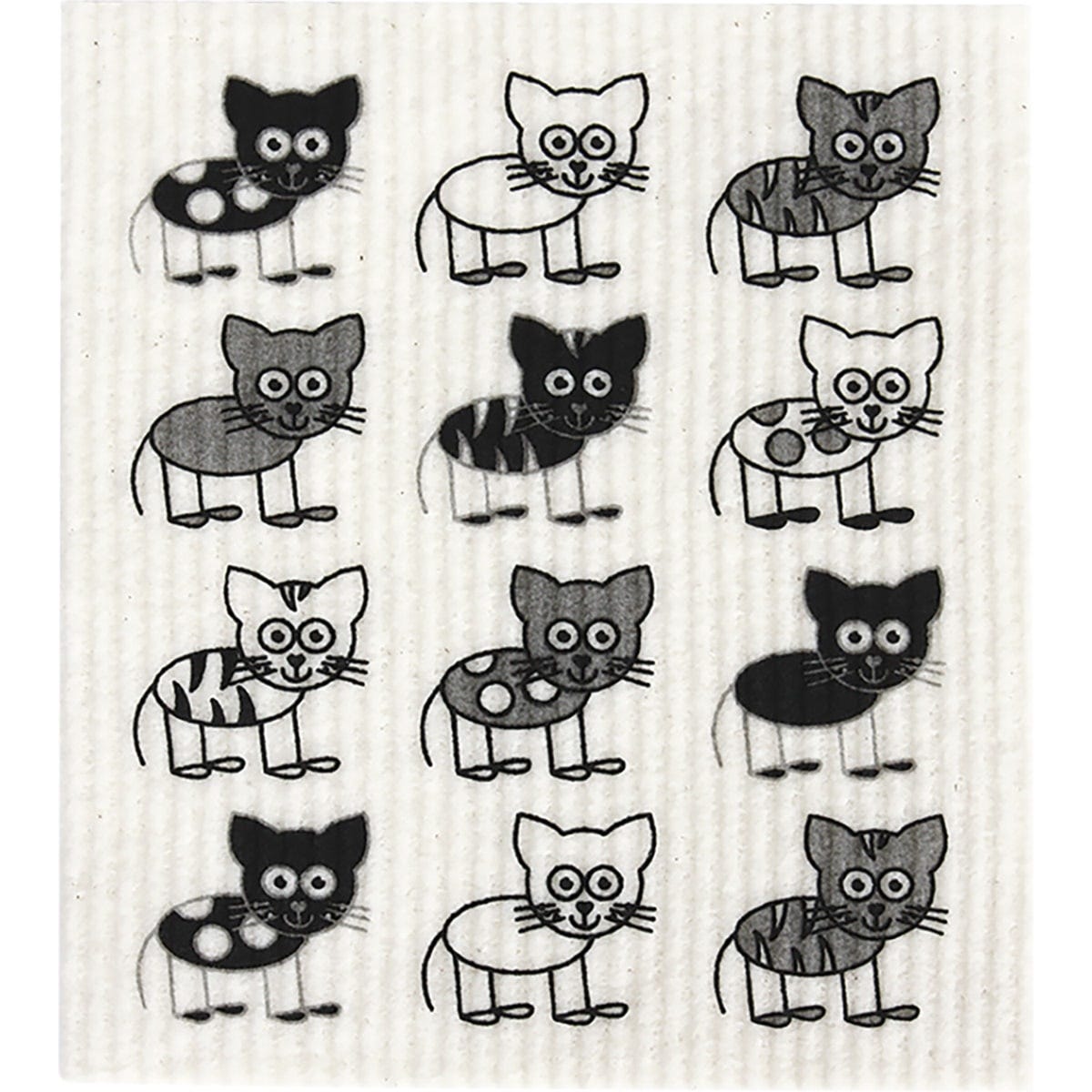 Retrokitchen compostable sponge cloth with a repeating black and white cat face pattern on a white background.
