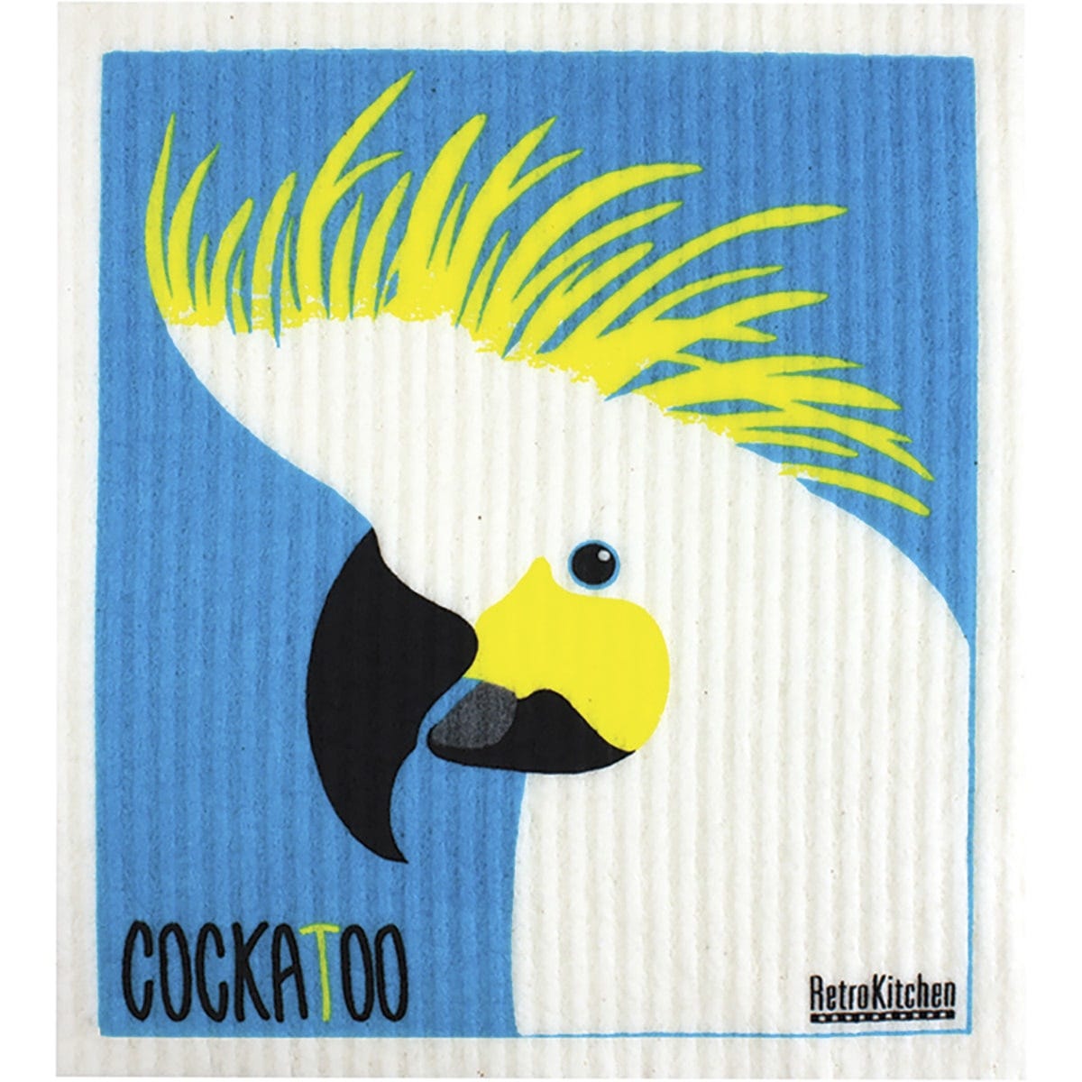 Retrokitchen compostable sponge cloth featuring a colorful cockatoo design on a white background.