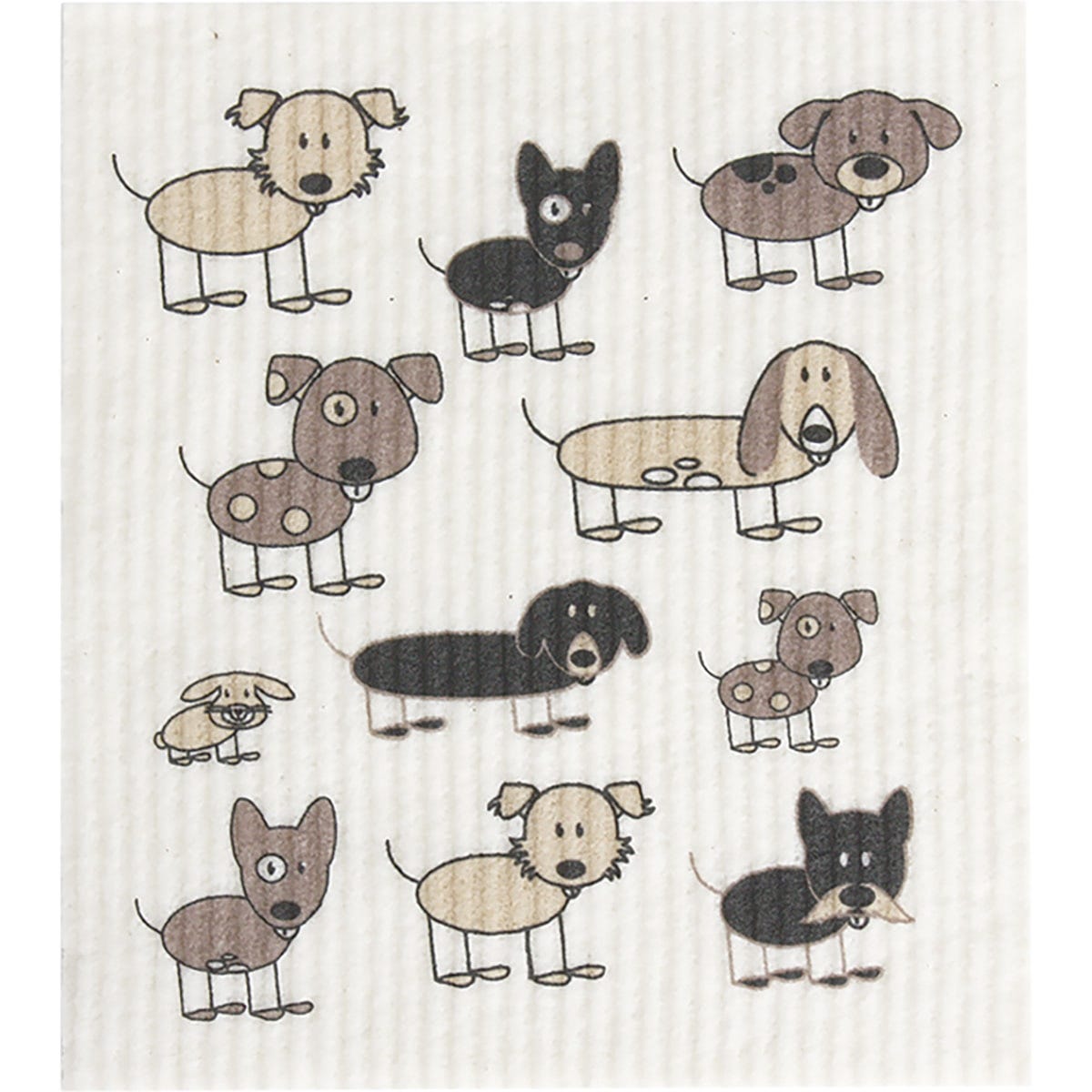 Retrokitchen 100% compostable sponge cloth featuring a repeat pattern of various black and white dog breeds on a white base.