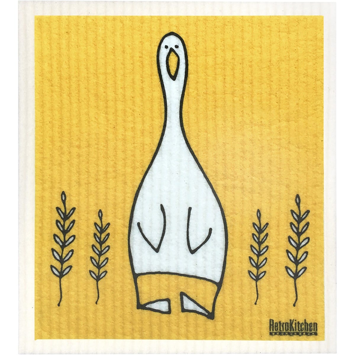 Retrokitchen 100% compostable yellow sponge cloth featuring a black and white duck design on a white background.