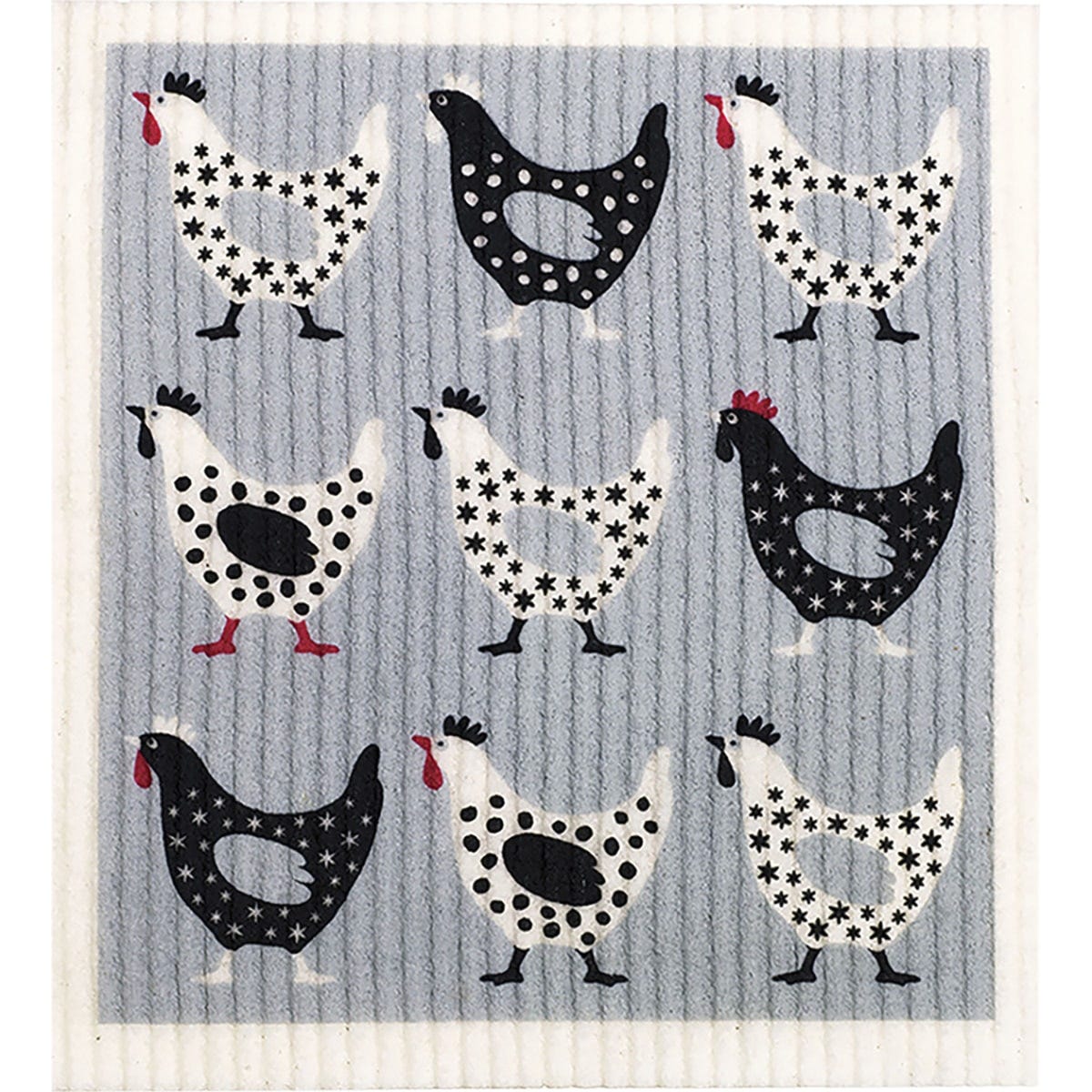 Retrokitchen 100% compostable sponge cloth featuring a colorful pattern of white, brown, and black hens on a red background.