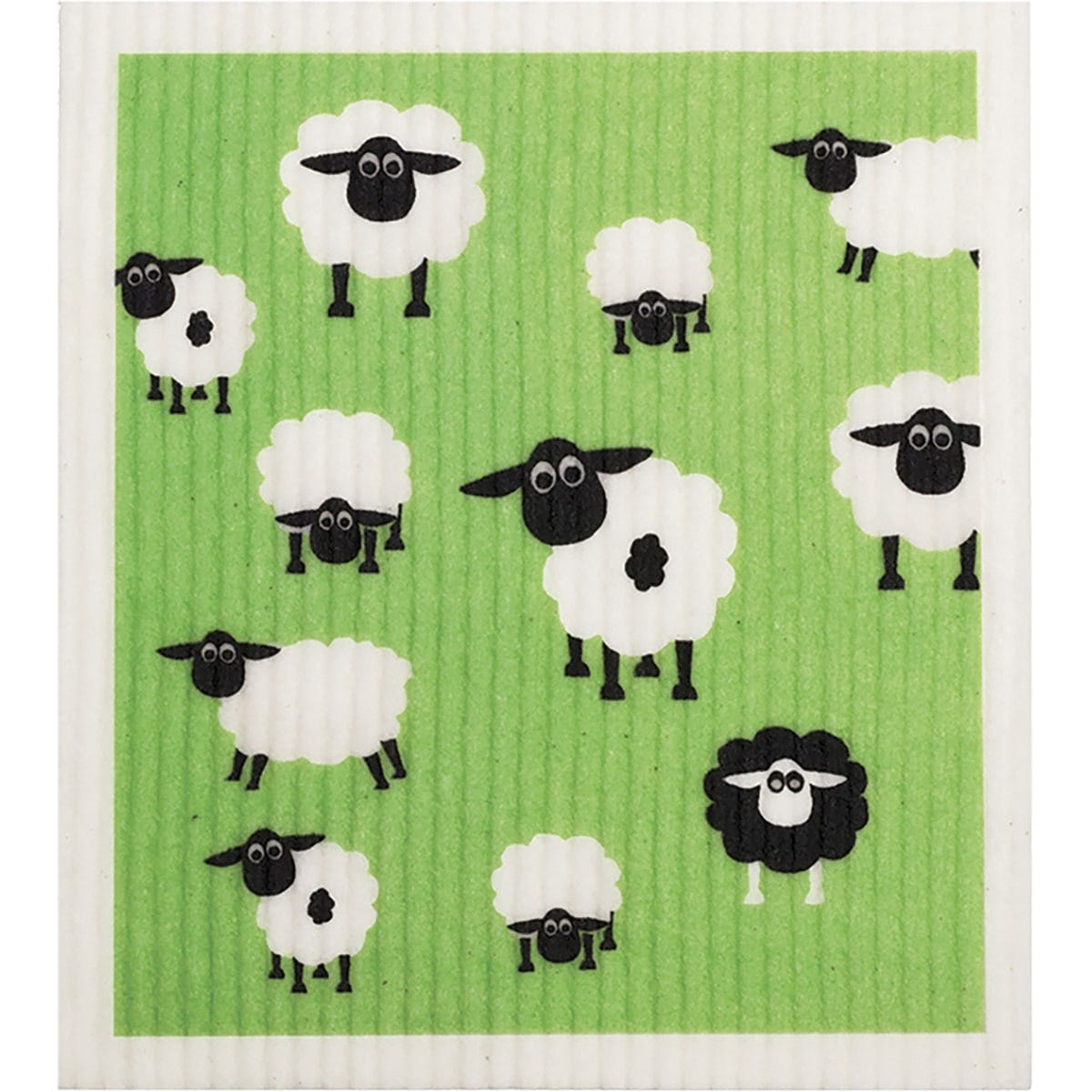 Compostable Retrokitchen sponge cloth featuring a white and green repeating sheep pattern on a light background.