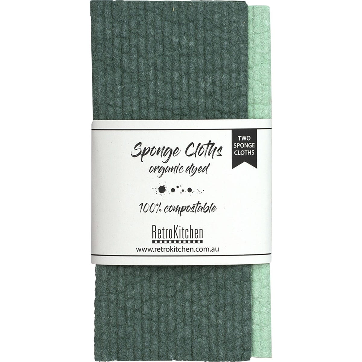 Two pack of Retrokitchen 100% compostable sponge cloths in organic dyed forest green with white leaf patterns.
