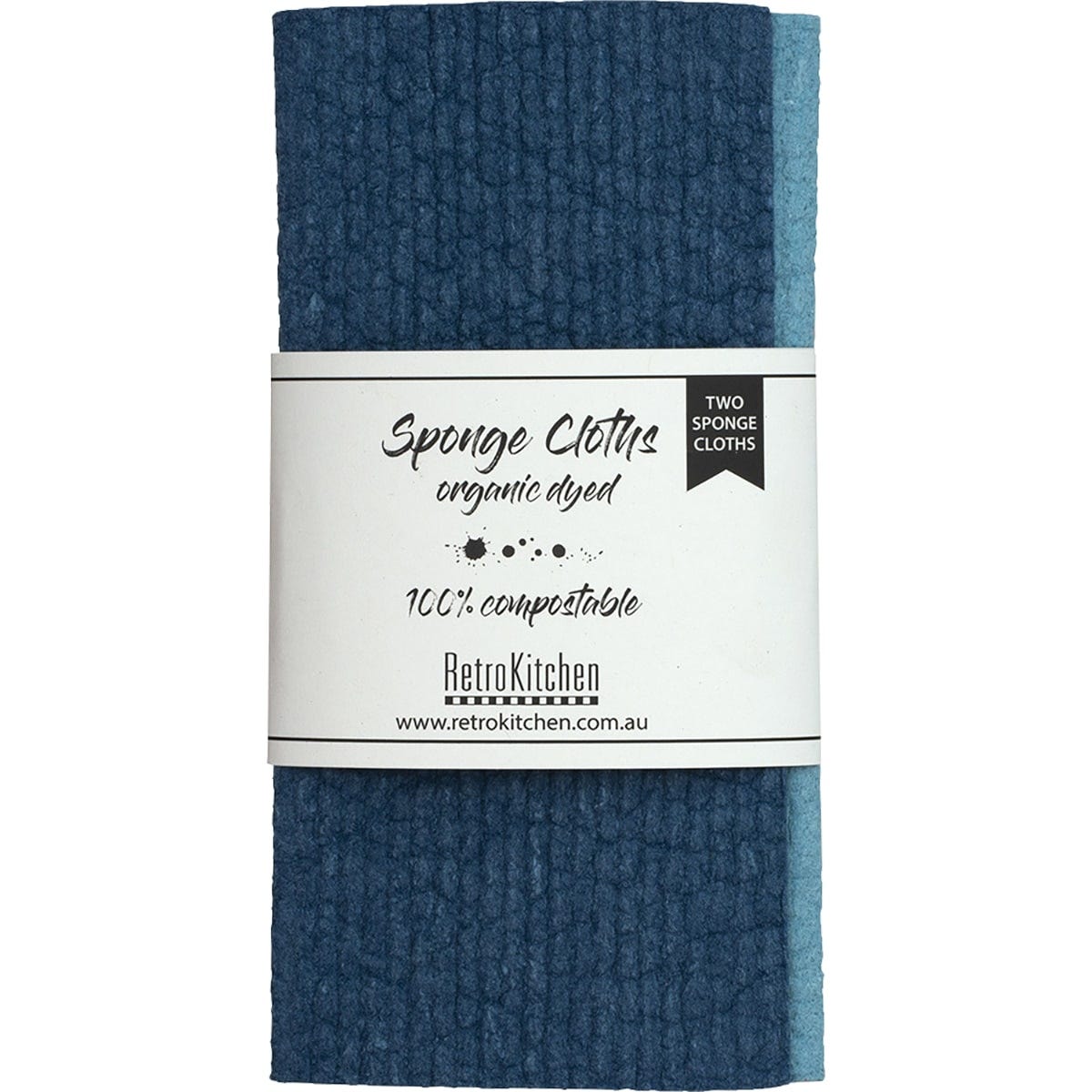 Two marine blue compostable sponge cloths with a white Retrokitchen logo, displayed on a cardboard backing.