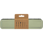 Back of the Retrokitchen stainless steel cutlery set tin featuring a weave pattern on a white background.
