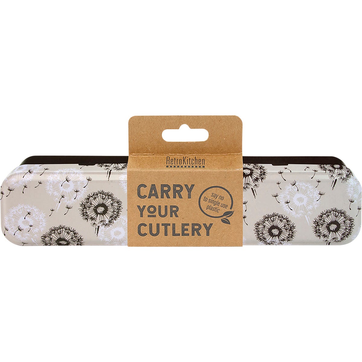 Retrokitchen Dandelion Stainless Steel Cutlery Set in a decorative metal tin with a fork, knife, spoon, and chopsticks.