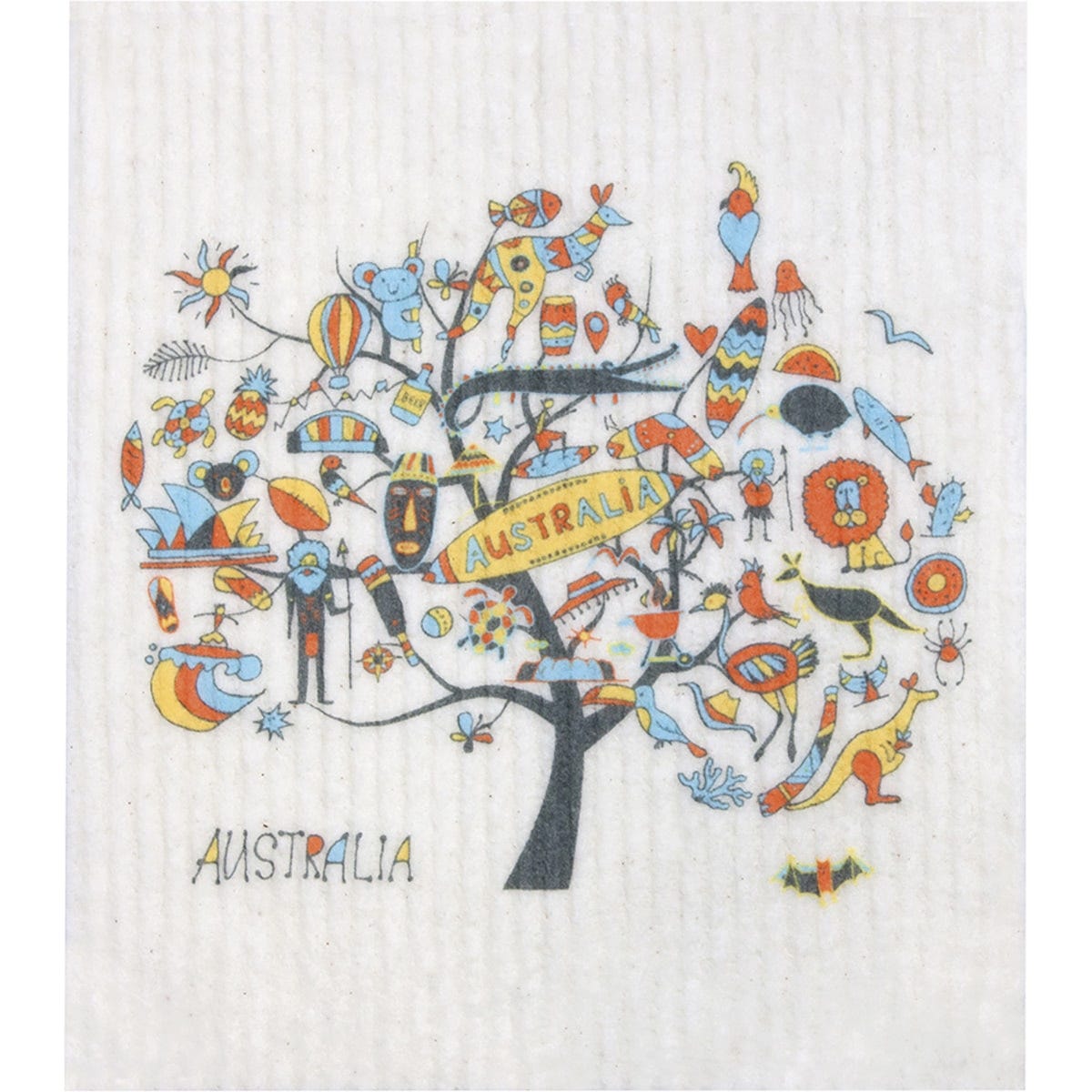 Retrokitchen 100% compostable sponge cloth featuring a colorful Australia Tree design on a white background.