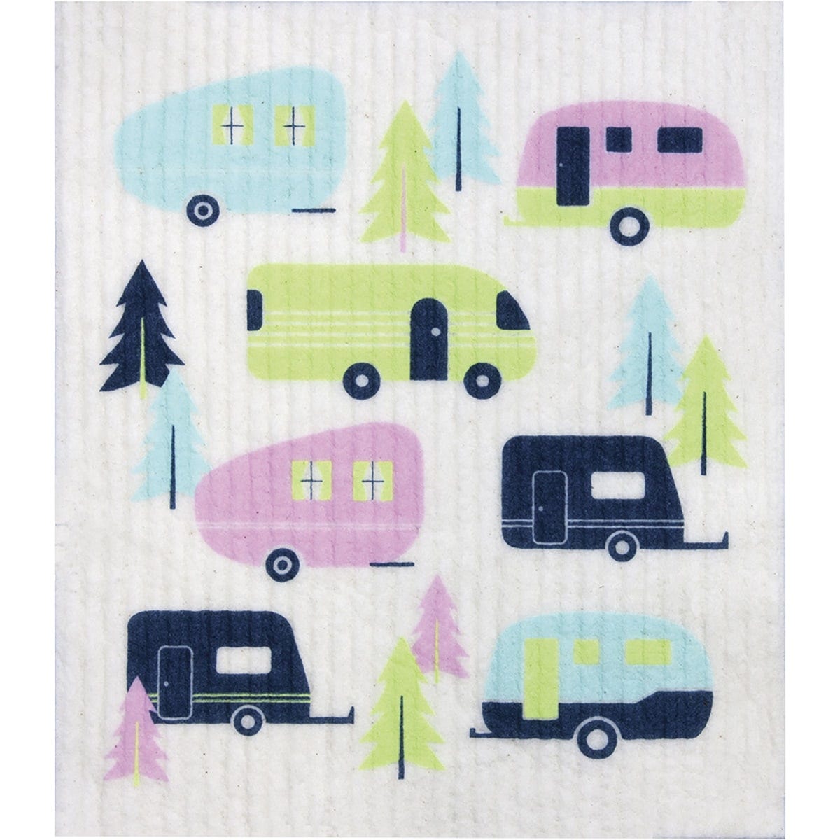 Compostable sponge cloth with a colorful retro caravan and floral design on a white and yellow background.