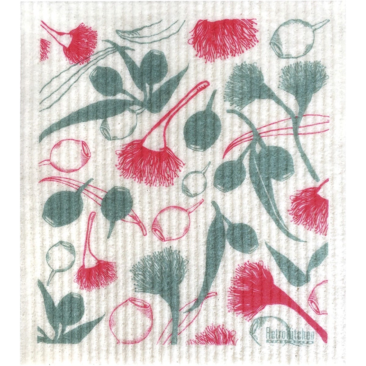 Retrokitchen 100% compostable sponge cloth with a green and orange gumnut and leaf pattern on a white background.