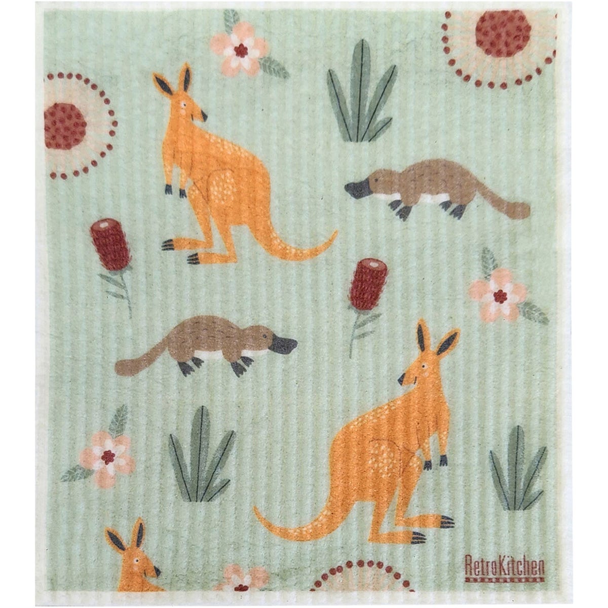 Compostable sponge cloth featuring a repeating pattern of illustrated kangaroos on a white background.