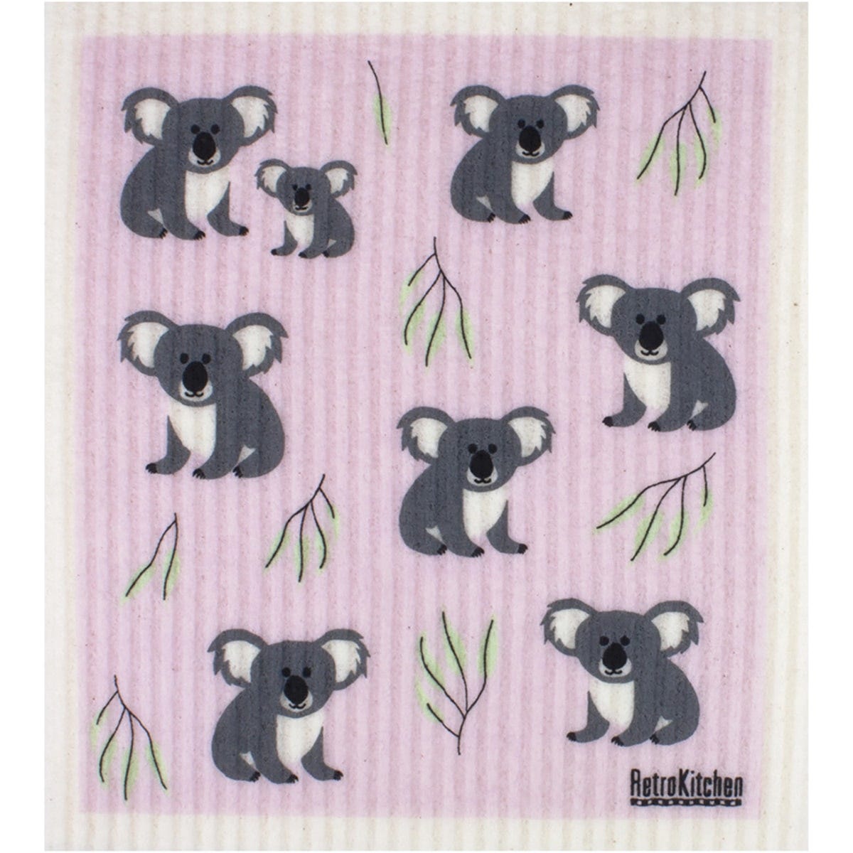 Eco-friendly white sponge cloth with a cute gray and white koala print, made from compostable cotton and cellulose.