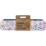 Stainless steel fork, knife, spoon, chopsticks, straw, and cleaning brush in a passport stamp patterned metal tin.