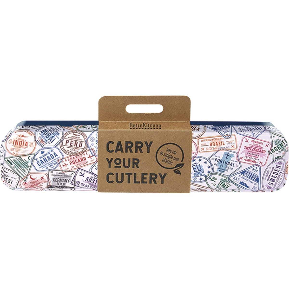 Stainless steel fork, knife, spoon, chopsticks, straw, and cleaning brush in a passport stamp patterned metal tin.