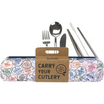 Passport stamps metal case with a stainless steel fork, knife, spoon, chopsticks, straw, and cleaning brush.