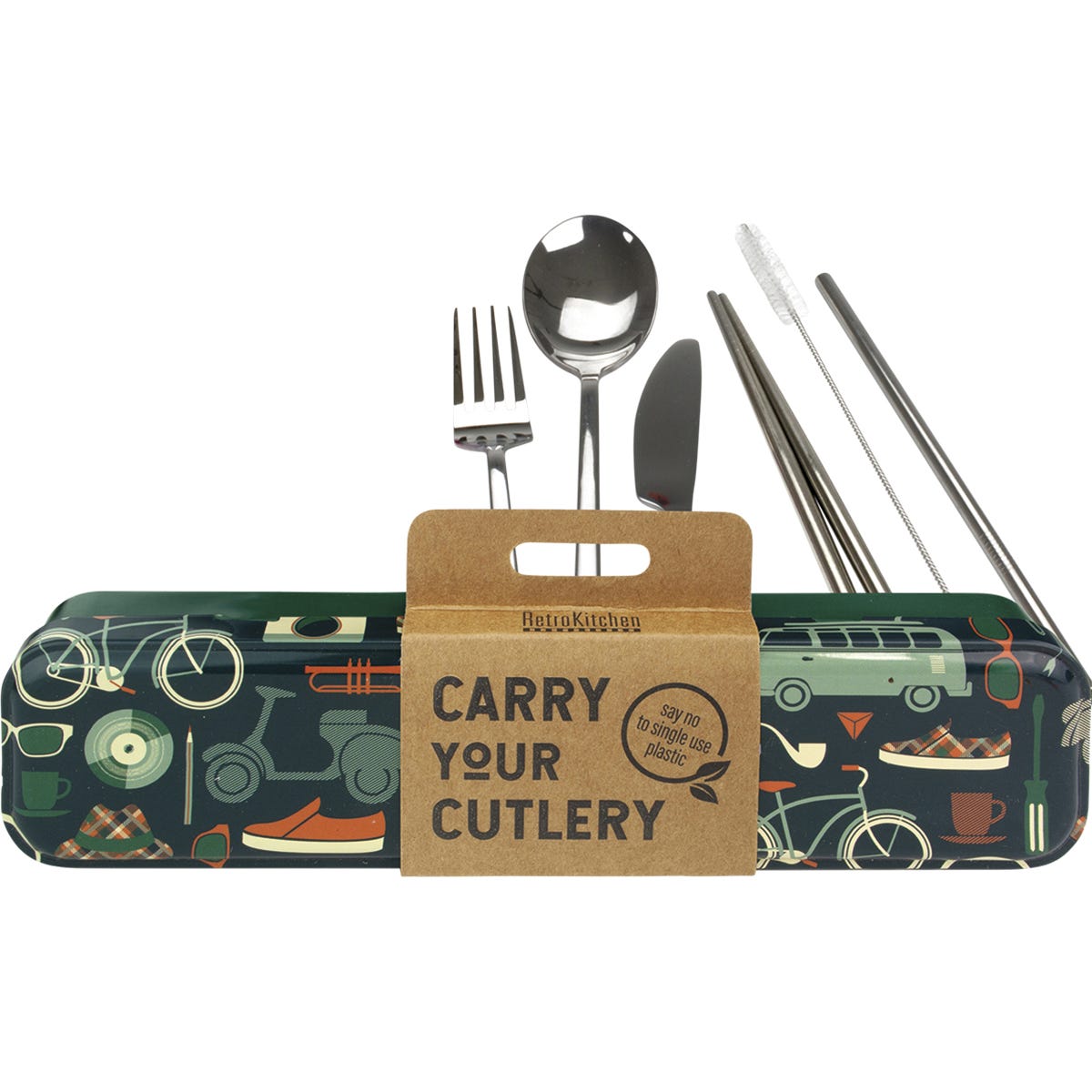 Retro Man stainless steel cutlery set in a metal carry case, including a fork, knife, spoon, chopsticks, and straw.