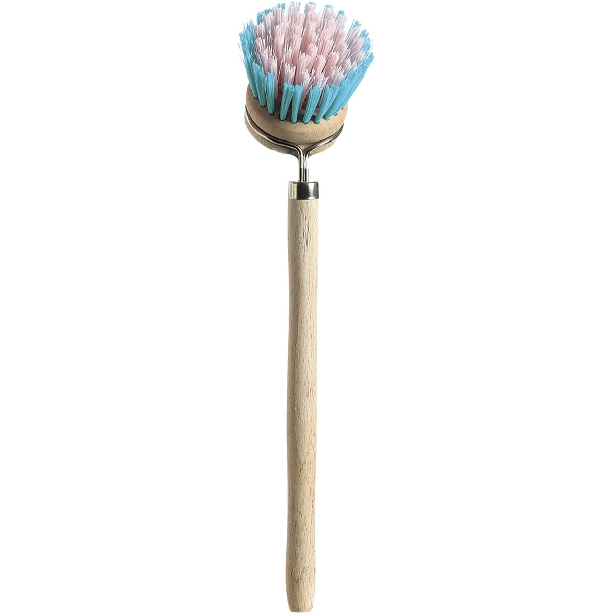 Retro-inspired dish brush with a long timber handle and soft, colorful nylon bristles on a white background.