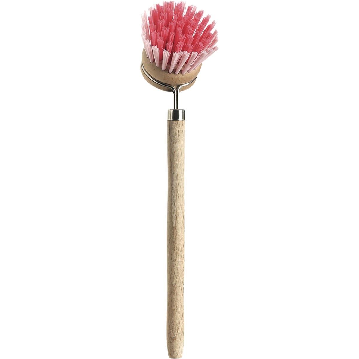 Close-up of a timber dish brush showing soft, colorful nylon bristles and a natural wood handle on a white background.