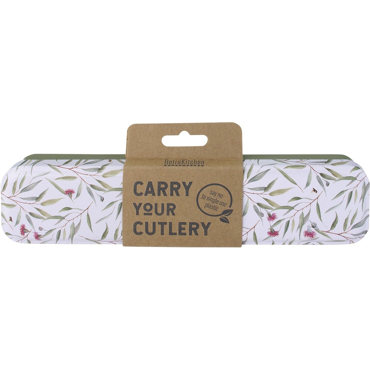 Retrokitchen Eucalyptus Stainless Steel Cutlery Set in a green eucalyptus-patterned metal carrying tin.