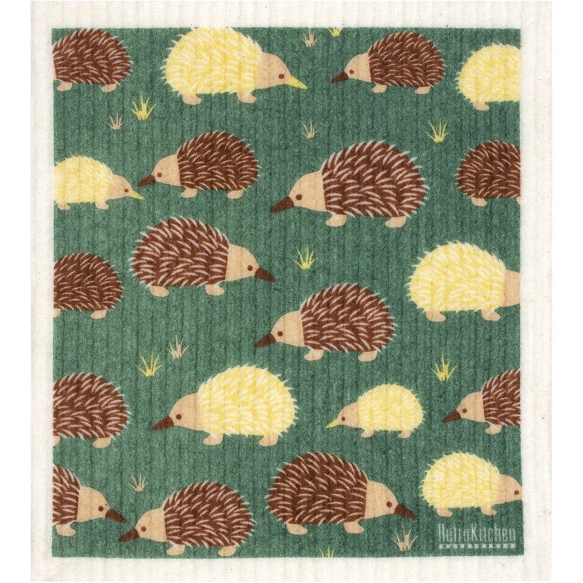 Retrokitchen compostable sponge cloth featuring a colorful echidna and botanical design on a white background.