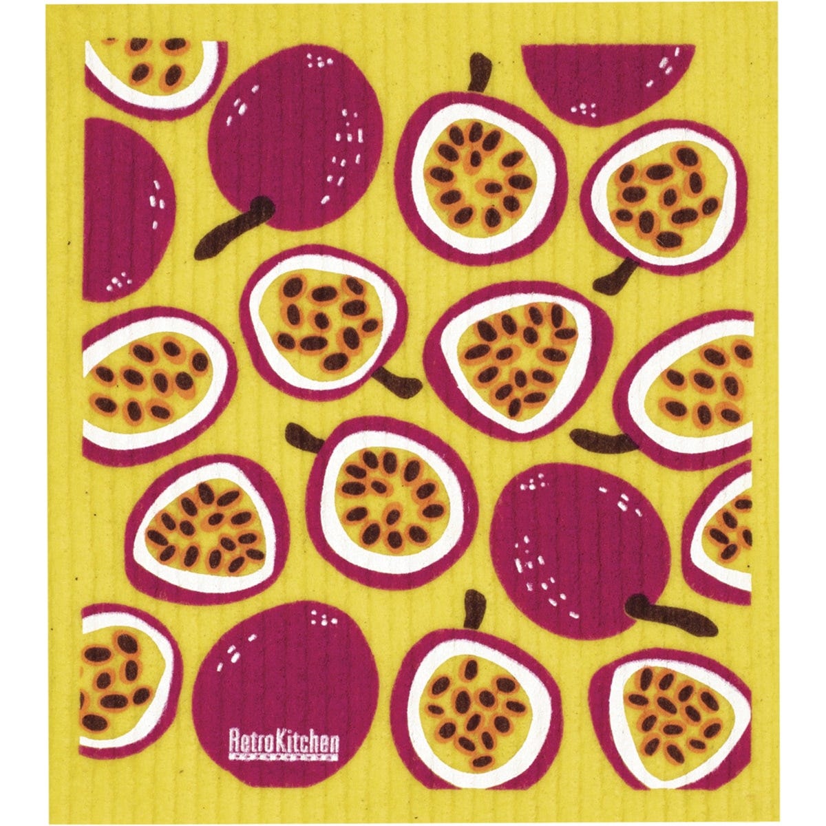 Retrokitchen 100% compostable sponge cloth with a vibrant purple and yellow passionfruit pattern on a white background.