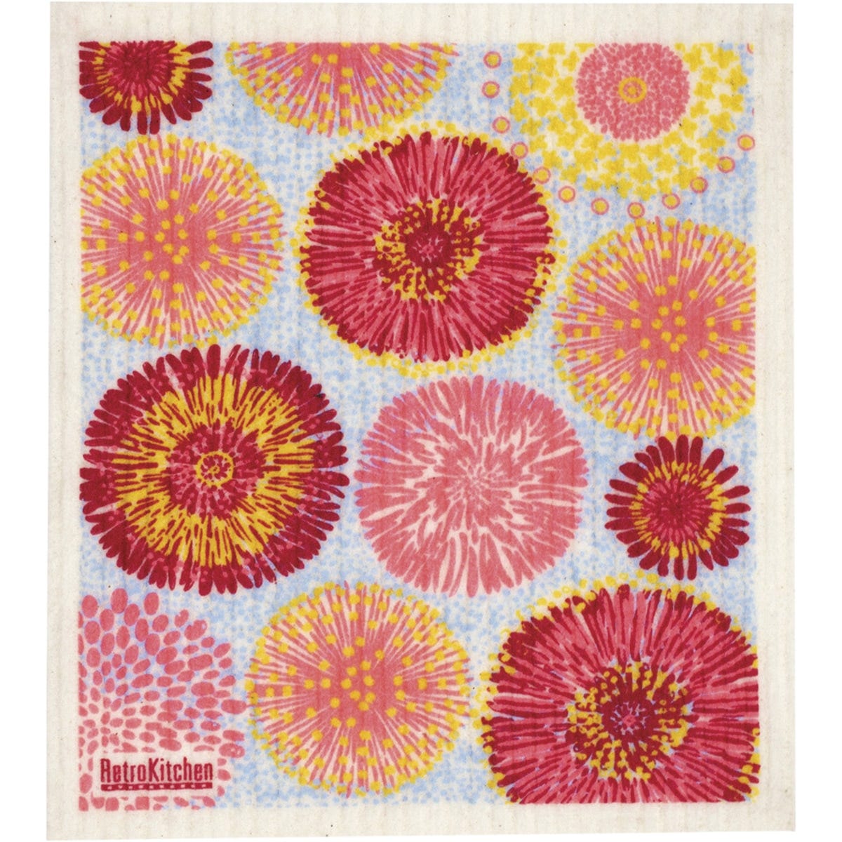 Compostable sponge cloth featuring a vibrant red and green floral Waratah pattern on a white background.