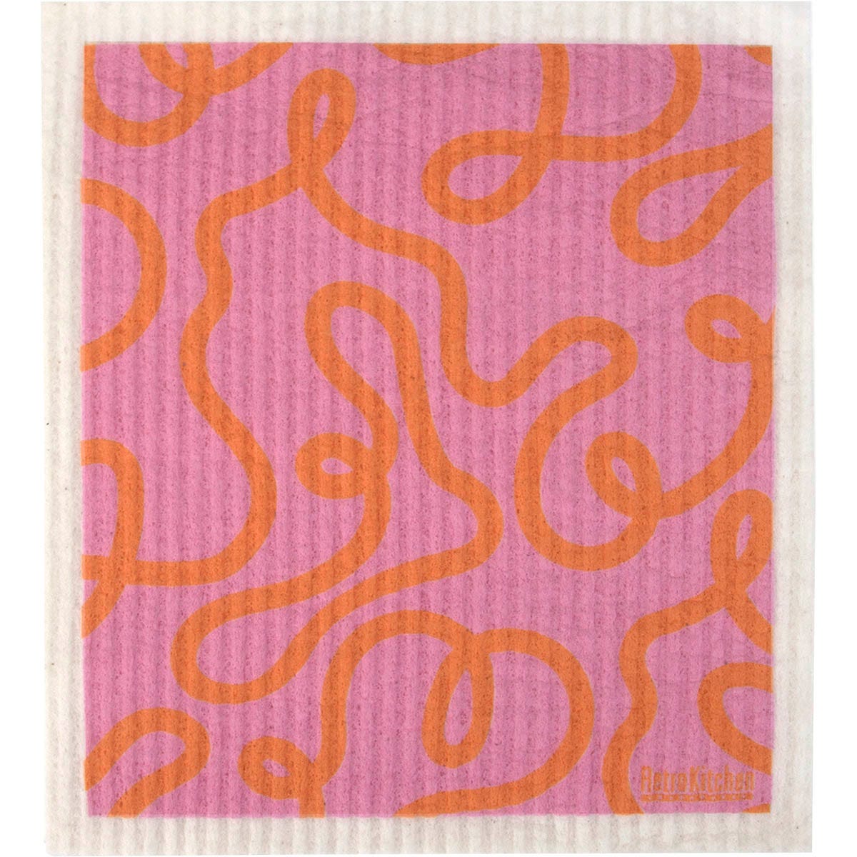 Eco-friendly sponge cloth with a black and white "Loopy" squiggle pattern, 100% compostable and super absorbent.