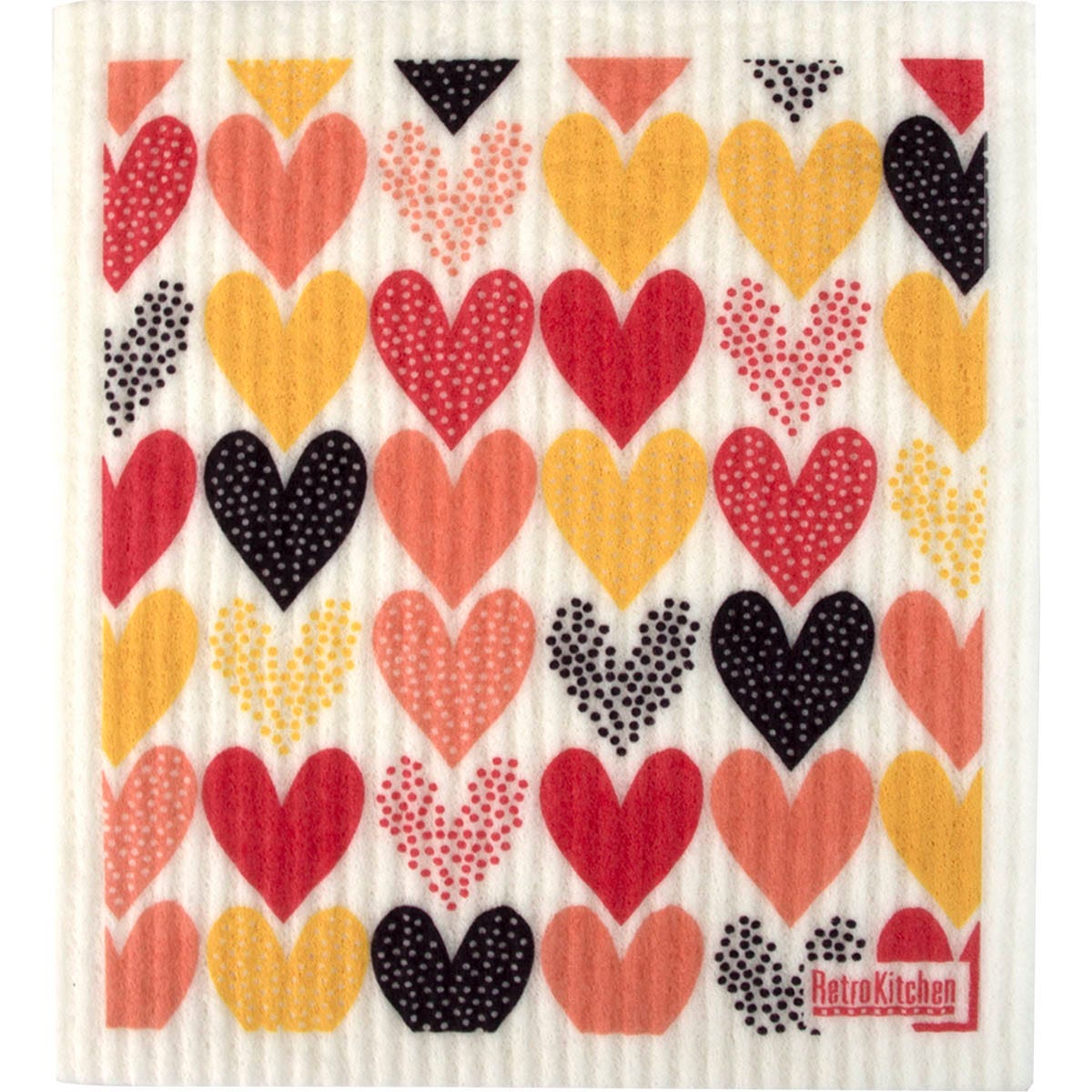 Retrokitchen compostable sponge cloth featuring a vibrant red and pink heart design on a white background.