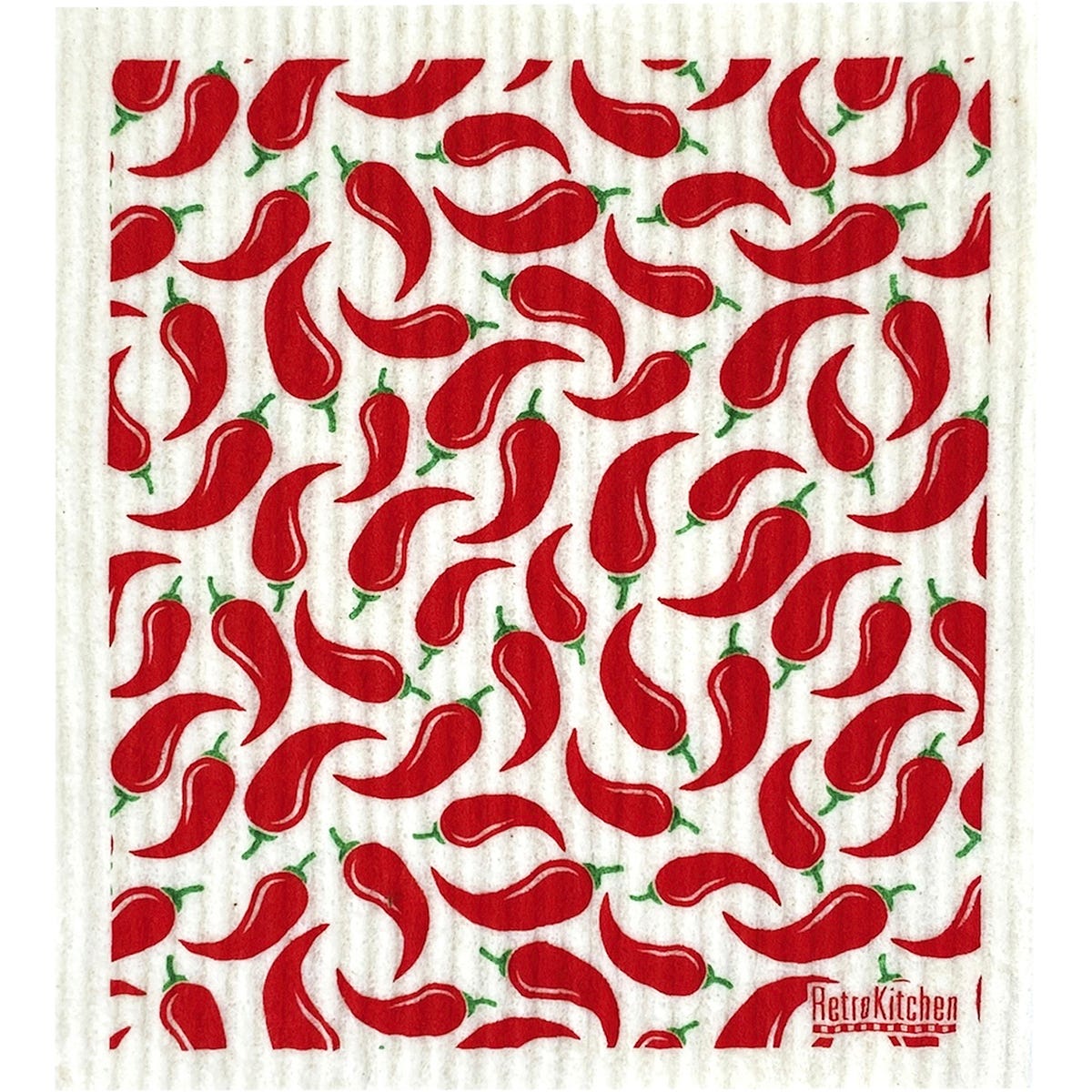 Compostable sponge cloth with a vibrant red and green chili pepper pattern on a white background.