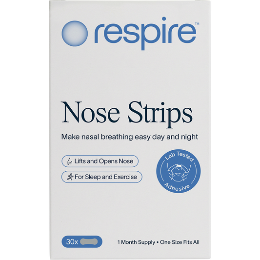 Respire 30-pack of nose strips box showing instant snoring relief benefits on a white background.