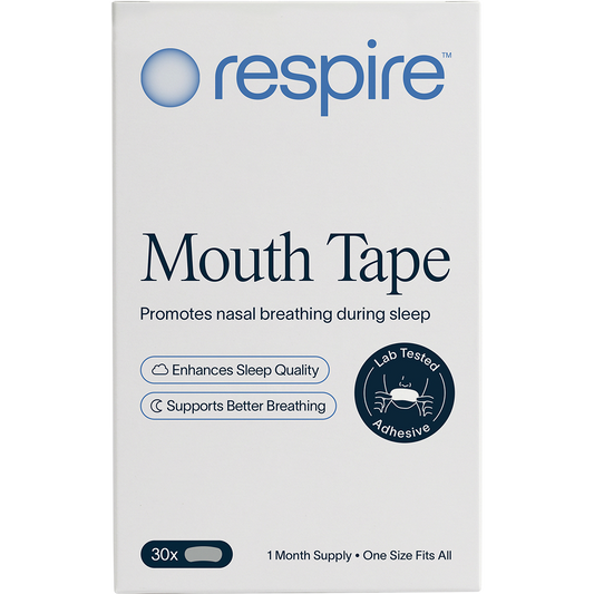 Respire 30 Pack Mouth Tape box showing a person sleeping comfortably on a white background.