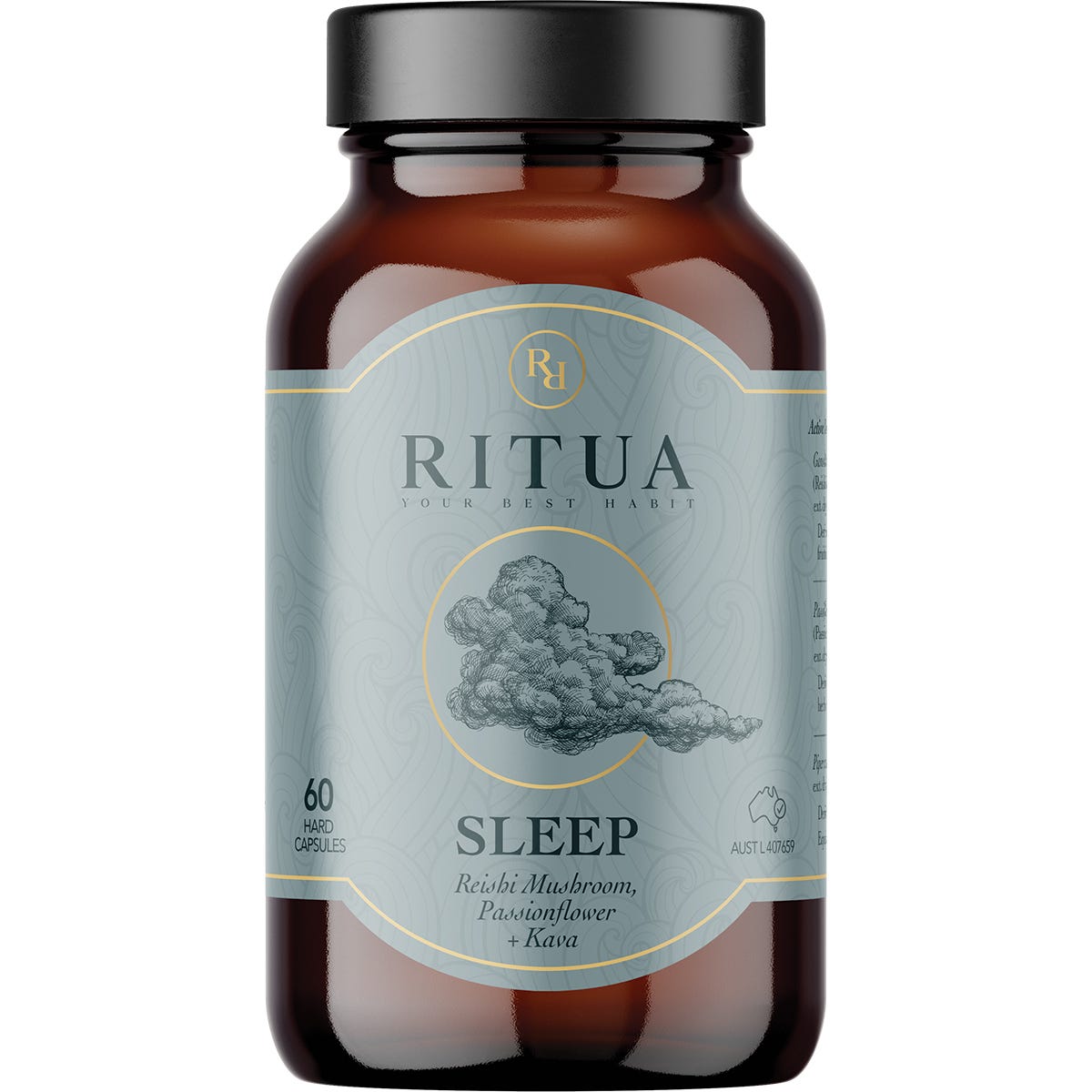 Ritua SLEEP bottle with 60 capsules, featuring Reishi Mushroom, Passionflower, and Kava for restful sleep.