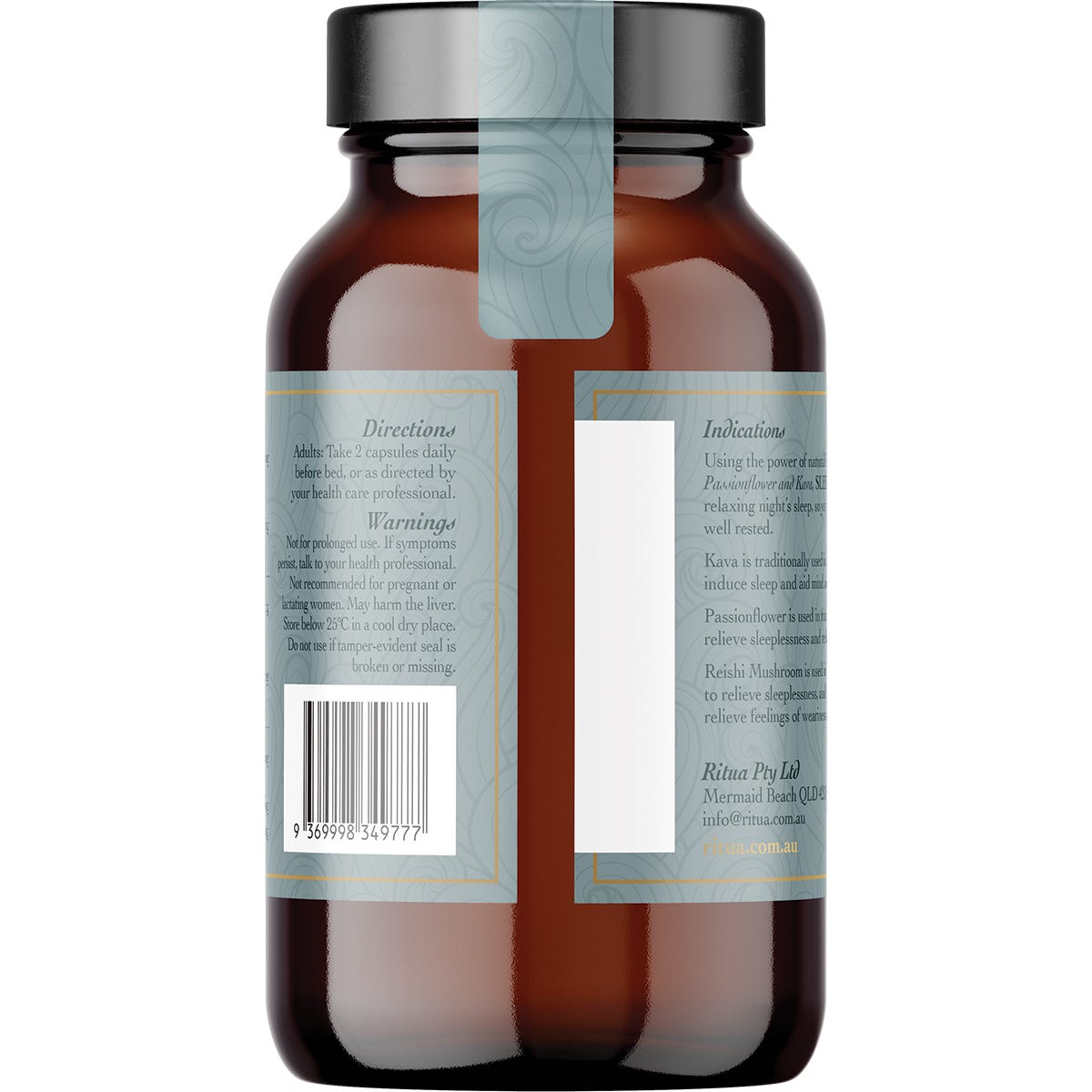 Left-side view of a 60-capsule Ritua SLEEP bottle featuring Reishi Mushroom, Passionflower, and Kava.