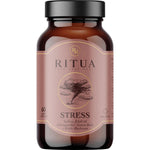 Ritua Stress supplement bottle with 60 capsules, featuring saffron, ashwagandha, lemon balm, and reishi.