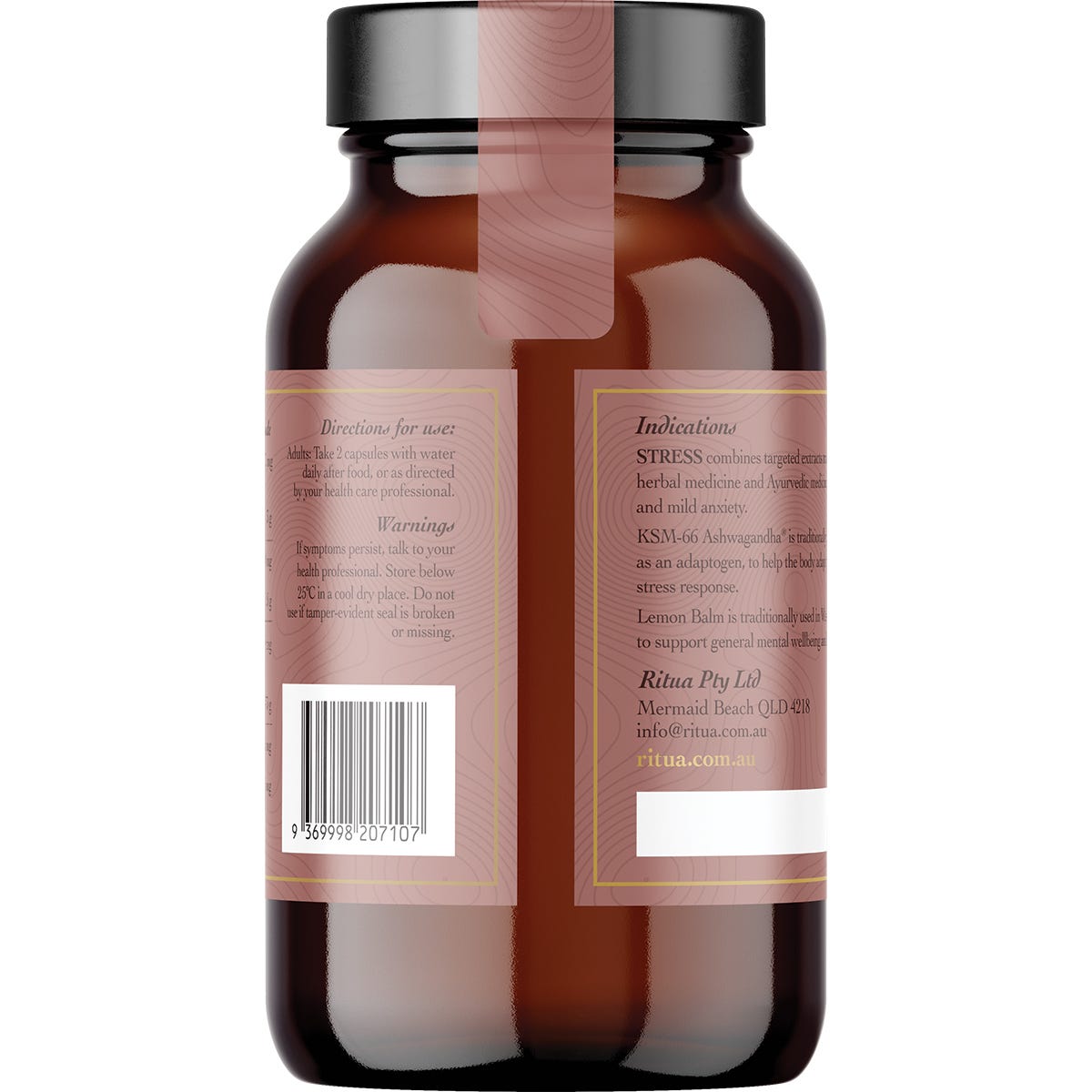 Ritua Stress 60 capsules bottle showing ingredients saffron, ashwagandha, lemon balm, and reishi from a left angle.