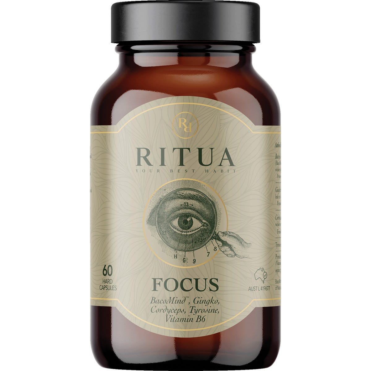 Ritua FOCUS 60 capsules supplement bottle featuring a minimalist blue and white design on a white background.