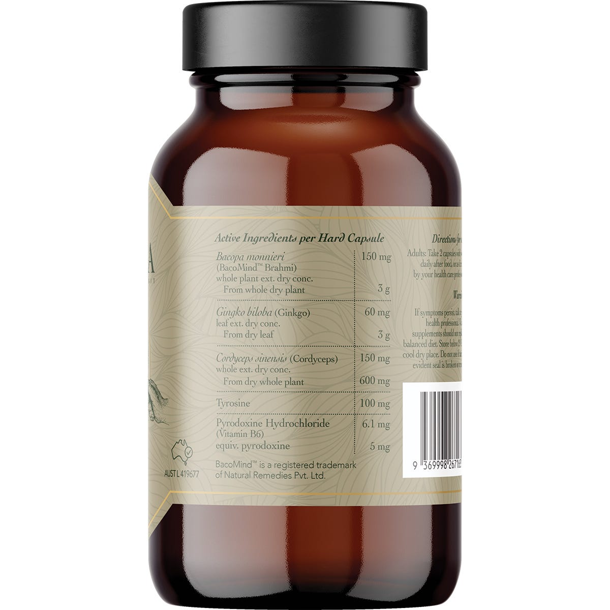 Right side of a Ritua FOCUS 60 capsules bottle showing active ingredients and directions on a white background.