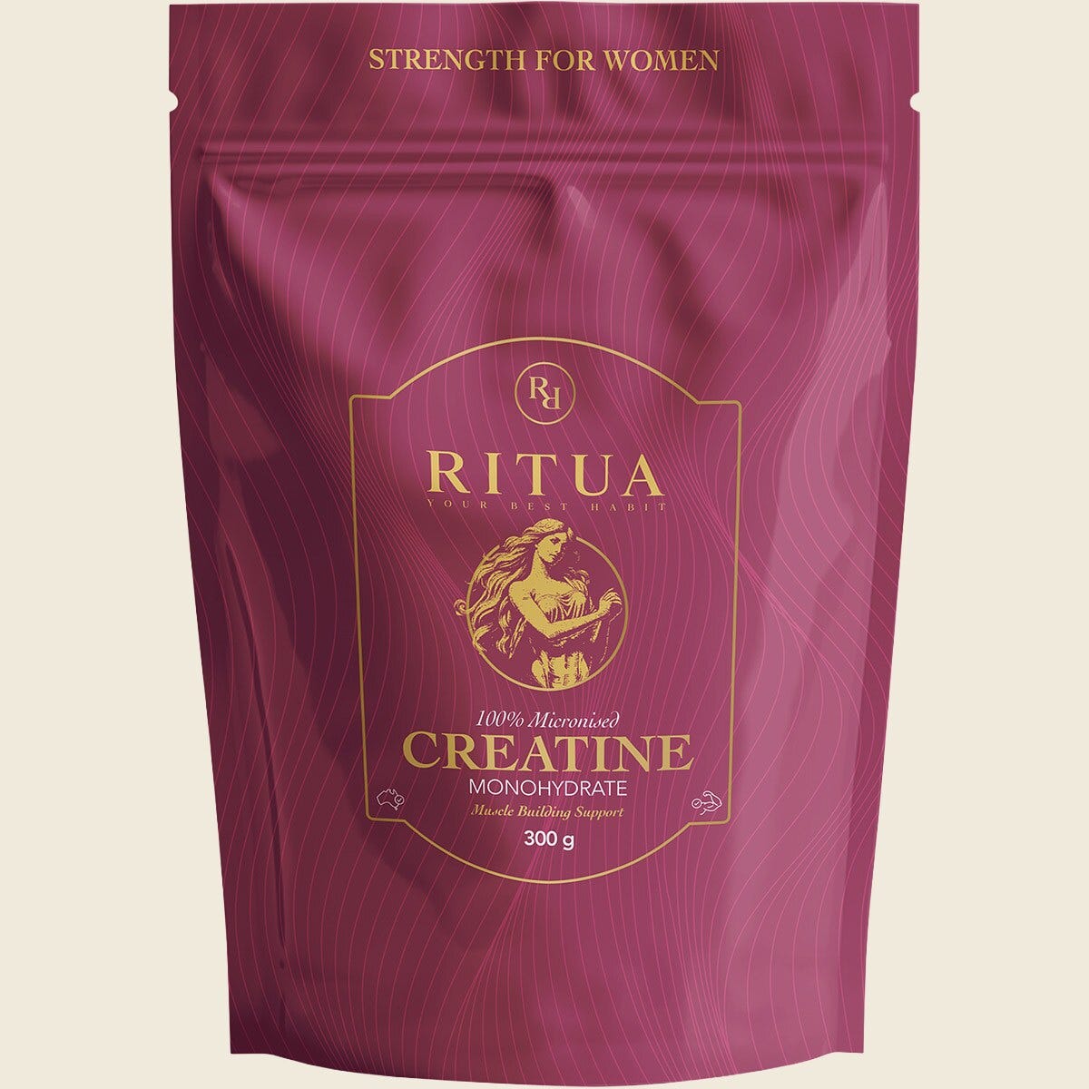300g resealable pouch of Ritua Creatine Monohydrate for women, featuring a minimalist white and teal label.