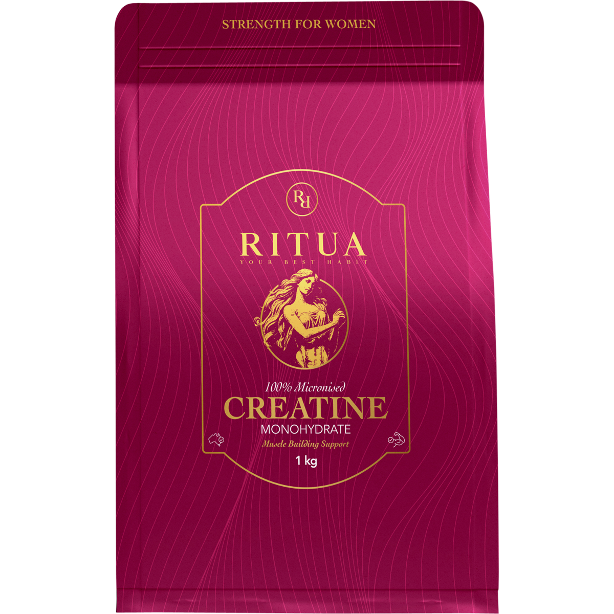 1kg tub of Ritua Creatine Monohydrate with a minimalist white label and a black lid on a white background.