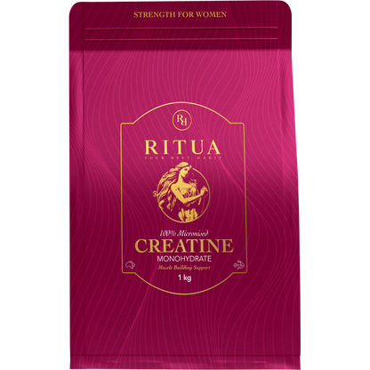 1kg tub of Ritua Creatine Monohydrate with a minimalist white label and a black lid on a white background.
