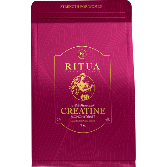 1kg tub of Ritua Creatine Monohydrate with a minimalist white label and a black lid on a white background.